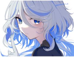 1girl absurdres blue_eyes blue_hair closed_mouth commentary furina_(genshin_impact) genshin_impact gloves hair_between_eyes highres looking_at_viewer looking_to_the_side magnet_8_8 multicolored_hair pointing pointing_up simple_background solo streaked_hair twitter_username two-tone_hair white_background white_gloves white_hair