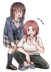 2girls akizakura_sayuri blush breasts cleavage green_eyes ikemen_joshi_to_josou_danshi jacket large_breasts long_sleeves multiple_girls nishikiyuri_koyuki open_mouth pants phone plaid_clothes plaid_skirt red_hair ribbon school_uniform shirt short_hair skirt squatting tadd_(tatd)