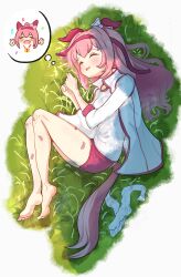 Rule 34 | 1girl, :3, ^ ^, bandaid, bandaid on leg, bandaid on thigh, blush, buruma, closed eyes, commentary request, confetti, dappled sunlight, double v, dreaming, drooling, feet, grass, gym uniform, hair down, hairband, haru urara (umamusume), highres, horse girl, itsuyoitsuyo, jacket, long hair, long sleeves, lying, medal, mouth drool, on side, outdoors, parted lips, red buruma, red hairband, shirt, sleeping, socks, soles, solo, speech bubble, sunlight, thighs, thought bubble, toes, umamusume, unworn socks, v, white jacket, white shirt