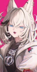 Rule 34 | 1girl, :3, animal ears, black sweater, blue eyes, chain, chain necklace, dog ears, ear piercing, earclip, fang, hair intakes, highres, jacket, jewelry, kmnz, long sleeves, looking at viewer, medium hair, multicolored hair, necklace, open mouth, piercing, pink background, print sweater, solo, streaked hair, sweater, tina (kmnz), turtleneck, turtleneck sweater, twitter username, two side up, upper body, virtual youtuber, white hair, white jacket, y (user kjgm5733)