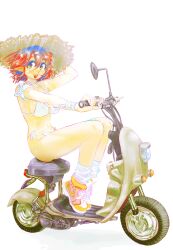 1girl absurdres ayklausart bandaid bikini hat highres motor_vehicle motorcycle original red_hair riding short_hair sitting smile socks solo straw_hat sun_hat swimsuit