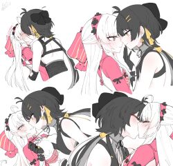 2girls ahoge antenna_hair aqua_eyes bare_shoulders black_bow black_gloves black_hair blush bow breasts carlotta_(wuthering_waves) closed_eyes closed_mouth commentary_request dated earrings eye_contact female_rover_(wuthering_waves) finger_to_another&#039;s_mouth gloves hair_bow hair_ornament hair_ribbon hairband hairclip hand_up highres jacket jewelry kiss long_hair looking_at_another low_ponytail medium_breasts multiple_girls multiple_views parallel_hairclips parted_lips pink_bow pink_hairband pink_jacket ponytail ribbon rover_(wuthering_waves) signature small_breasts smile starblame striped_bow triangle_earrings wuthering_waves yellow_eyes yellow_ribbon yuri