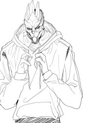 1boy absurdres alien garrus_vakarian greyscale highres hood hoodie mass_effect_(series) monochrome solo solo_focus tumblr turian white_background yu-chunsam