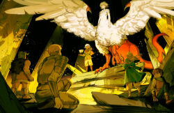 2girls 4boys armor astruma2 black_hair blonde_hair blue_capelet blue_robe book brown_eyes brown_gloves brown_hair capelet centauroid chilchuck_tims chimera commentary dragon_tail dungeon_meshi falin_touden falin_touden_(chimera) feathered_wings feathers fingerless_gloves floating floating_book floating_object gloves hashtag-only_commentary helmet highres holding holding_staff laios_touden long_hair marcille_donato multiple_boys multiple_girls purple_eyes red_claws robe rubble senshi_(dungeon_meshi) short_hair sitting staff tail taur thistle_(dungeon_meshi) very_short_hair white_feathers white_hair white_wings wings yellow_eyes