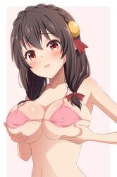 1girl bikini black_hair blush bow braid breasts bunny1219 cleavage collarbone crown_braid grabbing_own_breast hair_bow hair_ornament highres kono_subarashii_sekai_ni_shukufuku_wo! large_breasts looking_at_viewer low_twintails medium_breasts open_mouth pink_background pink_bikini red_bow red_eyes simple_background solo string_bikini swimsuit twintails upper_body yunyun_(konosuba)