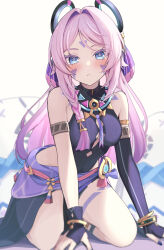 1girl :&lt; armlet asymmetrical_sleeves bare_shoulders blue_eyes blush bracelet braid breasts citlali_(genshin_impact) closed_mouth collar colored_eyelashes commentary detached_sleeves facial_mark feathers fingernails floating_headgear forehead_mark genshin_impact hair_intakes headgear highres jewelry kneeling leotard long_hair looking_at_viewer nail_polish pink_feathers pink_hair pink_pupils purple_collar purple_feathers purple_leotard purple_nails purple_sarong purple_sleeves ribbed_leotard ribbed_sleeves ring_hair_ornament sarong simple_background solo thigh_marking thighs triangle triangle_facial_mark uneven_sleeves ura_(hamburg_oniku) usekh_collar vision_(genshin_impact) white_background