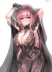 1girl absurdres alternate_costume arm_behind_head arm_up black_bodysuit black_cape black_gloves black_veil blunt_bangs blush bodysuit breasts cape chronopattern_dress cleavage commentary cowboy_shot gloves gluteal_fold highres hololive hololive_english large_breasts long_hair looking_at_viewer meme_attire mori_calliope pink_eyes pink_hair revealing_clothes see-through_bodysuit see-through_clothes see-through_veil sidelocks simple_background solo straight_hair tiara veil very_long_hair virtual_youtuber white_background yeuyes
