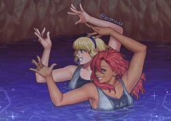 2girls arms_up bad_tag blonde_hair blue_one-piece_swimsuit breasts cave cleavage constance_von_nuvelle dancing duet false_smile fire_emblem fire_emblem:_three_houses hapi_(fire_emblem) highres hiomaika matching_outfits multiple_girls nintendo nose_clip one-piece_swimsuit pale_skin partially_submerged purple_eyes red_eyes red_hair smile sparkle splashing swimming swimsuit synchronized_swimming tan water wet