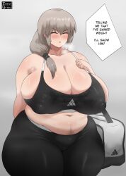 1girl absurdres blush breasts cleavage closed_eyes covered_erect_nipples fat fat_woman female_focus grey_hair highres huge_breasts jewelry long_hair mature_female midriff navel pants plump ponytail pubic_hair pubic_hair_peek ring solo speech_bubble sports_bra sweat thick_thighs thighs uzaki-chan_wa_asobitai! uzaki_tsuki wide_hips yoga_pants zeroqrisu