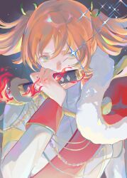 Rule 34 | 1girl, aiguillette, arm at side, badge, blonde hair, commentary, covered mouth, daiba nana, epaulettes, fire, flaming sword, flaming weapon, fur-trimmed jacket, fur trim, green eyes, green ribbon, grey background, hair between eyes, hair ribbon, hand up, hashtag-only commentary, highres, holding, holding sword, holding weapon, jacket, jacket on shoulders, katana, long sleeves, looking at viewer, red sash, red sleeve cuffs, ribbon, sash, se1fse, short hair, short twintails, shoujo kageki revue starlight, shoulder sash, solo, sparkle, sword, twintails, underlighting, upper body, weapon, white jacket