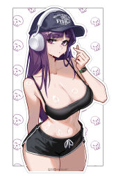 1girl baseball_cap black_shorts breasts cleavage cowboy_shot crop_top dolphin_shorts fern_(sousou_no_frieren) hat headphones highres inhoso large_breasts midriff navel purple_eyes purple_hair shorts skull_background solo sousou_no_frieren thighs watch white_background wristwatch