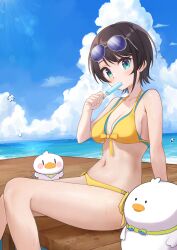 Rule 34 | 1girl, absurdres, aviator sunglasses, bikini, black hair, blue-tinted eyewear, blue bikini, blue eyes, blue nails, blue sky, breasts, cleavage, cloud, commentary request, cumulonimbus cloud, day, emyu b, eyewear on head, food, food in mouth, front-tie bikini top, front-tie top, highres, holding, holding food, holding popsicle, hololive, layered bikini, looking at viewer, medium breasts, nail polish, navel, ocean, oozora subaru, outdoors, popsicle, popsicle in mouth, short hair, side-tie bikini bottom, sitting, sky, solo, stomach, suba tomo (big), suba tomo (small), sunglasses, swept bangs, swimsuit, tinted eyewear, virtual youtuber, yellow bikini