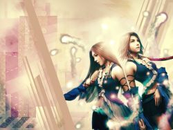 00s 2girls alternate_costume beads blue_eyes breasts brown_hair detached_sleeves earrings final_fantasy final_fantasy_x final_fantasy_x-2 frails holding_hands jewelry lenne_(ff10) long_hair multiple_girls short_hair skirt very_long_hair yuna yuna_(ff10)