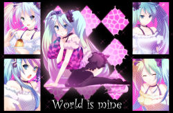 1girl :o aqua_hair argyle_background argyle_clothes blue_eyes blue_hair braid collarbone full_body hatsune_miku jewelry kurohara_yuu looking_at_viewer multiple_persona multiple_views necklace open_mouth pendant single_braid sitting thighhighs twintails vocaloid world_is_mine_(vocaloid)
