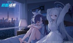 2girls arms_up bare_legs barefoot blue_archive blue_pajamas breasts closed_mouth commentary_request frilled_pajamas frills hairband halo highres indoors knees_up lamp long_hair long_sleeves mechanical_halo multiple_girls nightgown noa_(blue_archive) noa_(pajamas)_(blue_archive) official_alternate_costume on_bed one_eye_closed oninaart open_mouth pajamas pillow purple_eyes purple_hair shirt short_sleeves shorts sitting sleeves_past_wrists smile soles toes very_long_hair white_hair white_hairband white_halo white_nightgown white_pajamas window yuuka_(blue_archive) yuuka_(pajamas)_(blue_archive)