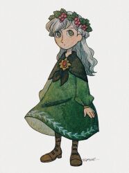 Rule 34 | 1girl, artist name, berry, black capelet, black socks, boots, braid, brooch, brown boots, capelet, closed mouth, commentary, dress, full body, green dress, green eyes, hair ornament, half up braid, head wreath, highres, holly, holly hair ornament, jewelry, long dress, long hair, looking at viewer, original, signature, simple background, socks, solo, sorano (sky99322427), standing, swept bangs, symbol-only commentary, twitter username, wavy hair, white background, white hair