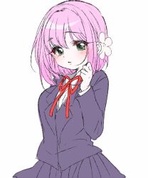 1girl black_jacket black_skirt blazer blush bob_cut breasts collared_shirt cowboy_shot curled_fingers flower green_eyes hair_between_eyes hair_flower hair_intakes hair_ornament hanazono_hakari hand_up head_tilt jacket kimi_no_koto_ga_dai_dai_dai_dai_daisuki_na_100-nin_no_kanojo large_breasts long_eyelashes long_sleeves looking_at_viewer miniskirt neck_ribbon ohananomitsu_high_school_uniform parted_lips pink_hair pleated_skirt raised_eyebrows red_ribbon ribbon school_uniform shirt short_hair short_hair_with_long_locks simple_background skirt solo white_background white_flower white_shirt yumenobetsu