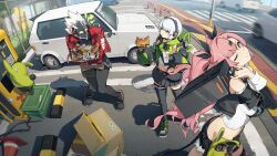 1boy 2girls anby_demara bad_link bangboo_(zenless_zone_zero) billy_kid black_gloves black_ribbon black_skirt black_thighhighs box burger car crosswalk drink drinking_straw fingerless_gloves food full_body gloves grey_hair hair_ornament hair_ribbon hairclip headphones highres holding holding_box holding_burger holding_drink holding_food humanoid_robot jacket long_hair long_sleeves looking_at_viewer miniskirt motor_vehicle multiple_girls nicole_demara official_art one_eye_closed orange_eyes outdoors pink_hair ponytail red_jacket ribbon robot shorts skirt smile thigh_strap thighhighs white_car white_hair wide_shot zenless_zone_zero zettai_ryouiki