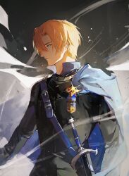 Rule 34 | 1boy, belt, belt buckle, black shirt, blonde hair, blue belt, blue cape, blue eyes, buckle, cape, chest belt, chinese commentary, closed mouth, commentary request, cowboy shot, dimitri alexandre blaiddyd, fire emblem, fire emblem: three houses, garreg mach monastery uniform, hair behind ear, hair between eyes, highres, holstered, huoad3, long sleeves, looking ahead, male focus, nintendo, parted bangs, profile, school uniform, shirt, solo, sparkle, sword, weapon, wings
