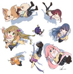 6+girls alcohol animal black_hair blue_hair blush breasts brown_hair chikuwa_(yurucamp) closed_eyes closed_mouth dog drunk glasses green_eyes hair_between_eyes highres holding inuyama_akari inuyama_aoi jacket kagamihara_nadeshiko long_hair long_sleeves looking_at_viewer motosu_school_uniform multiple_girls oogaki_chiaki open_mouth pink_hair purple_eyes purple_hair round_eyewear saitou_ena scarf school_uniform shima_rin short_hair siblings simple_background sisters smile thick_eyebrows toba_minami toki_ayano white_background yas_(yosiyasuyasu) yellow_eyes yurucamp