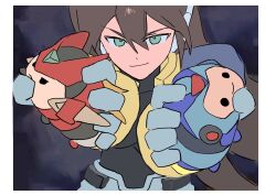 1boy black_background black_bodysuit blue_jacket bodysuit bodysuit_under_clothes border brown_hair character_doll cowboy_shot cropped_jacket doll green_eyes henshin_pose highres holding jacket long_hair mega_man_(series) mega_man_x_(series) mega_man_zero_(series) mega_man_zx mega_man_zx_advent ny7y2z6fa92dcoy open_clothes open_jacket pants robot_ears sketch smirk solo white_border white_pants x_(mega_man) zero(z)_(mega_man) zero_(mega_man)