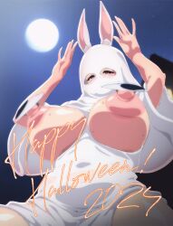 1girl 2024 animal_ears animated arms_up blush bouncing_breasts breast_cutout breasts covered_navel cowgirl_position dated full_moon ghost_costume googly_eyes half-closed_eyes halloween heart highres hololive hood house huge_areolae huge_breasts huge_nipples implied_sex looking_at_viewer looping_animation mature_female moon night nipple_piercing nipple_slip nipples pekomama piercing pink_eyes plump puffy_nipples rabbit_ears rabbit_pose sheet_ghost solo straddling sweat theobrobine thighs video virtual_youtuber