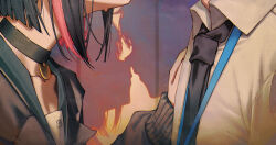 1boy 1girl betabeet black_choker black_hair black_necktie blue_archive blunt_ends choker collarbone commentary eyes_out_of_frame hetero highres imminent_kiss kazusa_(blue_archive) lanyard multicolored_hair necktie pink_hair sensei_(blue_archive) shadow shirt short_hair sweatdrop two-tone_hair upper_body white_shirt