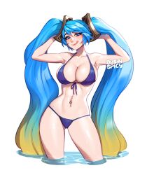 1girl :q alternate_costume arms_up artist_name bikini blue_bikini blue_hair blush blushyspicy breasts cleavage collarbone green_hair hair_lift holding holding_own_hair large_breasts league_of_legends lips long_hair multicolored_hair navel navel_piercing orange_hair piercing pool_party_(league_of_legends) shiny_skin smile sona_(league_of_legends) swimsuit tongue tongue_out twintails very_long_hair wading water wavy_hair