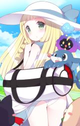 1girl ass bag blonde_hair blunt_bangs blush_stickers braid cosmog creatures_(company) dress game_freak gen_7_pokemon green_eyes legendary_pokemon lillie_(pokemon) litten long_hair looking_back nintendo panties pantyshot pokemon pokemon_(creature) pokemon_sm popplio rowlet sleeveless sleeveless_dress starter_pokemon_trio twin_braids underwear watanon_(gakushokutei) white_dress