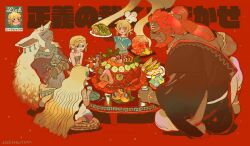 archaic_set_(zelda) blonde_hair blue_tunic bokoblin braid champion&#039;s_tunic_(zelda) chef_hat crossed_arms crown_braid dress food ganondorf gerudo hat holding link long_hair multiple_boys nintendo orange_hair plate pointy_ears princess_zelda rauru_(tears_of_the_kingdom) red_background rei_(sanbonzakura) sitting sonia_(zelda) steam steaming_food the_legend_of_zelda the_legend_of_zelda:_tears_of_the_kingdom translation_request tunic