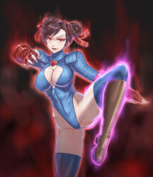 Rule 34 | 1girl, blue leotard, boots, breasts, brown hair, capcom, chun-li, cleavage, corruption, dark persona, double bun, fighting stance, fingerless gloves, gloves, gluteal fold, hair bun, heattech leotard, highleg, highleg leotard, highres, knee boots, large breasts, leather, leather boots, leebigtree, leotard, mind control, red gloves, ribbed leotard, shadaloo, shadaloo dolls, smile, solo, street fighter, thighhighs, thong leotard, turtleneck