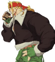 Rule 34 | 1boy, 666 dazzi, absurdres, alex (street fighter), bandana, blonde hair, brown jacket, collared jacket, commentary, cowboy shot, cup, disposable coffee cup, disposable cup, drinking, english commentary, facial mark, fingerless gloves, fur-trimmed jacket, fur-trimmed sleeves, fur trim, gloves, green gloves, green pants, hand on own hip, highres, holding, holding cup, jacket, long hair, long sleeves, male focus, pants, ponytail, profile, red bandana, simple background, solo, street fighter, street fighter iii (series), white background, wing collar