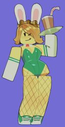 1girl animal_ears blonde_hair breasts detached_collar drinking_straw fishnets full_body glass green_shoes hand_up highres holding holding_plate leotard looking_at_viewer one_eye_closed plate playboy_bunny player_character_(roblox) purple_background rabbit_ears roblox shoes short_hair smile solo wamudraws