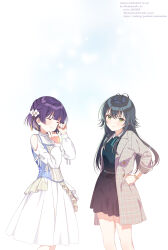 2girls absurdres annoyed averting_eyes black_skirt blush clenched_hand clothing_cutout corset crying dress flower gakuen_idolmaster green_eyes green_hair green_shirt grey_jacket hair_flaps hair_flower hair_ornament hand_on_own_hip hataya_misuzu hatsuboshi_gakuen_school_uniform highres idolmaster jacket long_hair looking_to_the_side multiple_girls omitsu plaid_clothes plaid_jacket purple_hair school_uniform shirt short_hair shoulder_cutout skirt sleeve_rolled_up standing tears tsukimura_temari white_background white_dress wiping_tears