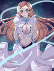 1girl bleach bleach:_sennen_kessen-hen breasts cleavage cleavage_cutout clothing_cutout detached_sleeves female_focus hair_ornament inoue_orihime large_breasts long_hair midriff orange_hair simple_background tagme