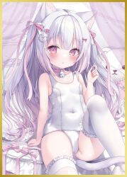 1girl animal_ear_fluff animal_ears bell blush bow breasts cat_ears cat_girl cat_tail collar covered_navel hair_bow hair_ornament hairclip jingle_bell knee_up legs long_hair melonbooks momochi_chia one-piece_swimsuit original pink_eyes ribbon school_swimsuit sitting small_breasts solo stuffed_toy swimsuit tail thighhighs thighs white_hair white_one-piece_swimsuit white_thighhighs