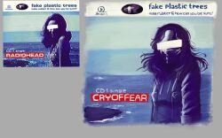1girl album_cover asianchipxtra black_hair black_shirt censored censored_identity cover cry_of_fear english_text grey_background grey_jacket highres horizon jacket looking_at_viewer messy_hair ocean open_clothes open_jacket partially_shaded_face radiohead_(band) reference_inset rock shirt solo sophie_(cry_of_fear) upper_body