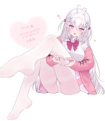 Rule 34 | 1girl, absurdres, ahoge, antenna hair, beads, blush, bow, bowtie, braid, breasts, cardigan, collared shirt, commentary request, commission, hair beads, hair between eyes, hair ornament, hands up, heart, heart-shaped pupils, heart ahoge, heart hands, highres, kumo tabetai, large breasts, legs up, long hair, long sleeves, looking at viewer, open cardigan, open clothes, open collar, open mouth, original, panties, pantyhose, pink bow, pink bowtie, pink cardigan, pink eyes, shirt, simple background, sitting, solo, symbol-shaped pupils, translation request, twin braids, underwear, white background, white hair, white panties, white pantyhose, white shirt