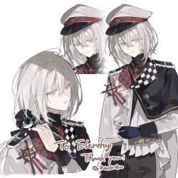 1boy capelet gloves grey_hair hair_between_eyes hat highres long_sleeves male_focus multiple_views original peaked_cap rgb12800 shirt short_hair white_background white_hair yellow_eyes