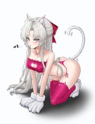 1girl absurdres alternate_costume animal_ear_fluff animal_ears animal_hands ass blush carlotta_(wuthering_waves) cat_ears cat_girl cat_paws collarbone commonalty crop_top full_body furrowed_brow highres long_hair ooarai_school_uniform open_mouth panties parted_bangs pink_panties school_uniform sidelocks simple_background solo thighs underwear variant_set white_background white_hair wuthering_waves