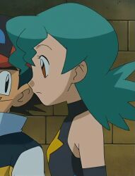 Rule 34 | 1boy, 1girl, aged down, ash ketchum, bare shoulders, gen 4 pokemon, gloves, green hair, jenny (pokemon), long glove, marble (pokemon), nintendo, official alternate costume, orange eyes, pokemon, pokemon (anime), pokemon dp059, pokemon dppt (anime), spandex