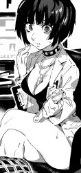 Rule 34 | 1girl, breasts, choker, cleavage, clipboard, crossed legs, greyscale, highres, holding, holding clipboard, holding test tube, indoors, ireading, jewelry, lab coat, large breasts, looking at viewer, monochrome, necklace, parted lips, persona, persona 5, short hair, sitting, solo, spiked choker, spikes, studded choker, takemi tae, test tube, thighs