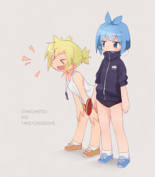 Rule 34 | &gt; &lt;, :d, > <, blonde hair, blue eyes, blue hair, blush, carrot hair ornament, copyright name, covered mouth, expressionless, closed eyes, food-themed hair ornament, full body, grey background, hair ornament, highres, itsumo hokuto, jacket, jewelry, multiple girls, necklace, okayparium, open mouth, paddle, shakunetsu no takkyuu musume, shoes, short hair, short twintails, simple background, smile, table tennis paddle, tank top, tenka hanabi, topknot, track jacket, twintails, white legwear, xd