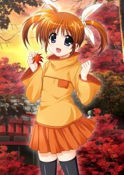1girl absurdres autumn autumn_leaves black_thighhighs blue_eyes bridge brown_hair commentary_request forest hair_ribbon hands_up higa_yukari highres holding holding_leaf leaf long_sleeves looking_at_viewer lyrical_nanoha mahou_shoujo_lyrical_nanoha maple_leaf medium_hair nature official_art open_mouth orange_skirt orange_sweater outdoors pleated_skirt ribbon skirt smile solo standing sweater takamachi_nanoha thighhighs twintails white_ribbon wide_sleeves zettai_ryouiki