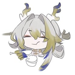 1girl arknights blonde_hair blue_hair blue_horns bowl closed_eyes closed_mouth commentary_request eating grey_hair hair_intakes horns linkai long_hair multicolored_hair multicolored_horns rice_bowl shu_(arknights) simple_background sketch smile solo white_background yellow_hands yellow_horns