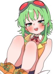 1girl bare_shoulders blush goggles goggles_on_head green_eyes green_hair gumi haru_maron highres knees_up looking_at_viewer open_mouth orange_shoes shirt shoes simple_background sitting sleeveless sleeveless_shirt solo vocaloid white_background yellow_shirt