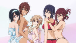 Rule 34 | 5girls, anime screenshot, bikini, black eyes, black hair, bracelet, brown eyes, brown hair, eyecatch, frilled bikini, frills, glasses, headband, highres, jewelry, kiba kikune, light brown hair, long hair, looking at viewer, masamune-kun no revenge, mizuno mari, multiple girls, pink eyes, red bikini, shidou (masamune-kun no revenge), short hair, simple background, smile, sonoka kaneko, swimsuit, thong bikini, white bikini, yuisaki midori