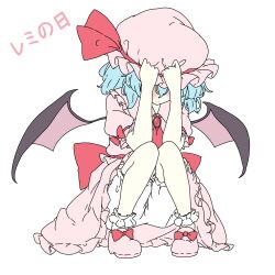 Rule 34 | 1girl, absurdres, ascot, bat wings, bloomers, blue hair, blush, bow, brooch, charisma guard, closed mouth, collared shirt, commentary, footwear bow, frilled shirt collar, frills, hands on headwear, hat, hat ribbon, highres, jewelry, mob cap, pink hat, pink shirt, pink shoes, pink skirt, pioartstuff, red ascot, red bow, red ribbon, remilia day, remilia scarlet, ribbon, shirt, shoes, short sleeves, skirt, sleeve bow, socks, touhou, translated, underwear, upskirt, white bloomers, white socks, wings