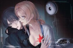 2girls ahoge angon623 black_gloves black_shirt black_undershirt blonde_hair blue_eyes breasts chest_harness chest_markings chest_strap chief_(path_to_nowhere) cleavage commission female_chief_(path_to_nowhere) glasses gloves grey_eyes grey_hair grey_lips harness hashtag-only_commentary highres hug lab_coat large_breasts leaning_forward long_hair low-tied_long_hair moore_(path_to_nowhere) multiple_girls one_eye_closed parted_lips path_to_nowhere pushing_away semi-rimless_eyewear shirt sweatdrop twitter_username
