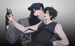 Rule 34 | 2boys, absurdres, belt, black belt, black eyes, black gloves, black hair, black necktie, black shirt, black vest, blue hair, cheng xiaoshi, chest belt, collared shirt, earrings, eye contact, gloves, gradient background, grey background, grey jacket, hair bun, half updo, hand on another&#039;s hip, hand on own hip, hand up, harness, highres, holding hands, jacket, jaelee, jewelry, li323213, long sleeves, looking at another, male focus, medium hair, multiple boys, necklace, necktie, official alternate costume, open mouth, ponytail, profile, shiguang dailiren, shirt, short hair, short ponytail, simple background, single hair bun, smile, sweat, sweatdrop, teeth, turtleneck, upper body, vest, white shirt, yaoi